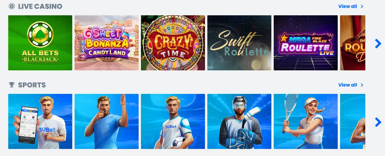 30Bet live casino og sportsbetting lobby oversikt.